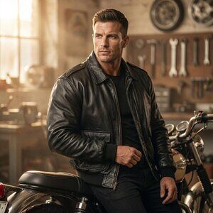 Burk's Bay Black Leather Bomber Jacket Full Zip Size Large VTG